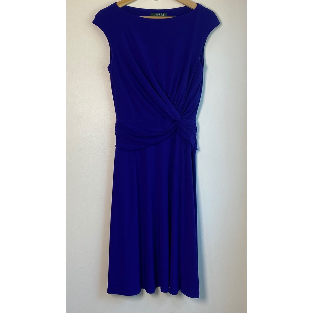 Lauren Ralph Lauren Dress Womens 6 Royal Blue Faux Wrap Sheath Cocktail Elegant